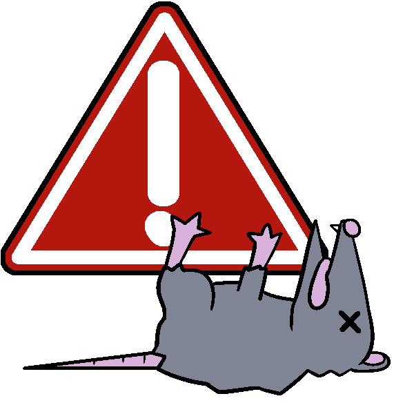 A big red and white hazard triangle, with an opossum playing dead in front of it.